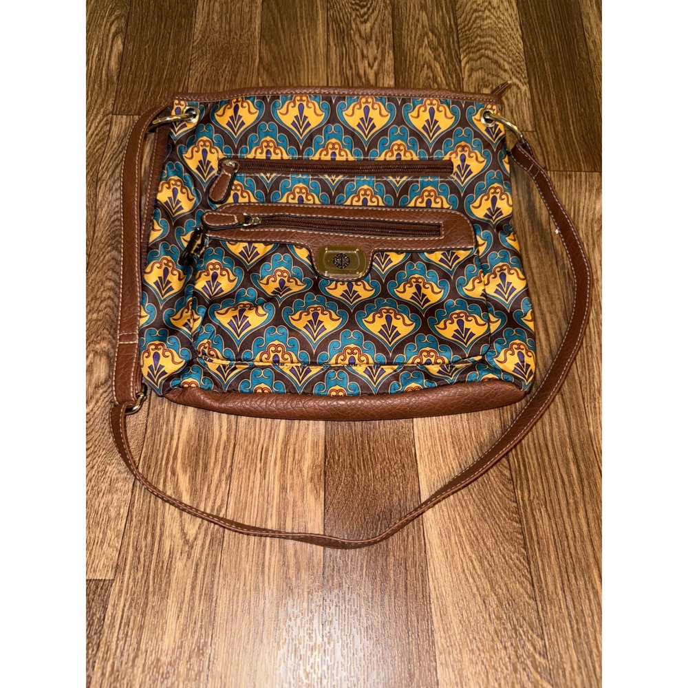 Treviso Crossbody Bag Brown Faux Leather‎ Teal Yellow Damask Print Messenger